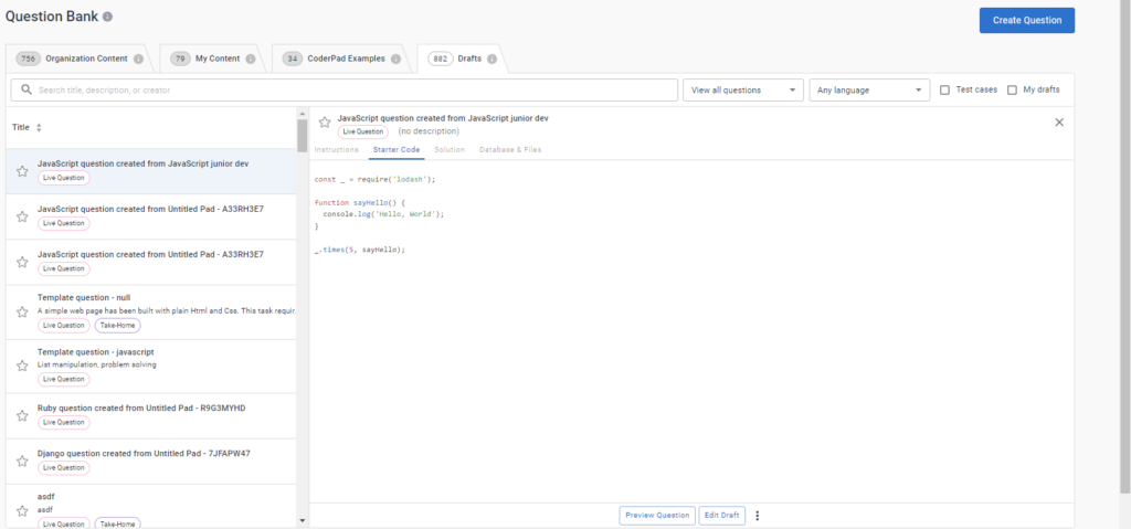 The question bank is shown with the question draft that was created from the pad tab open.