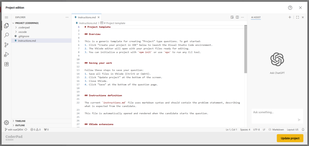 Capture d'écran de l'interface CoderPad Screen 'Project edition'. La barre latérale gauche affiche un dossier de projet nommé "PROJECT [CODERPAD]" contenant des fichiers : .coderpad, .vscode, .gitignore et instructions.md (sélectionné). L'éditeur principal affiche le fichier instructions.md avec un texte en markdown expliquant comment utiliser le modèle de projet, enregistrer le travail et définir des instructions. Le panneau de droite intitulé "AI Assist" affiche le logo de ChatGPT et un champ d'invite. En bas à droite, un bouton jaune intitulé "Mettre à jour le projet" est visible
