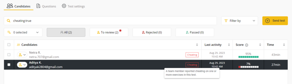 Screenshot showing candidates filtered by cheating:true