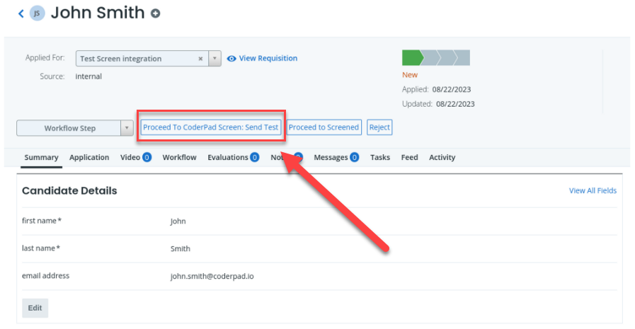 The candidate screen is shown with the "proceed to coderpad screen: send test" button is highlighted.