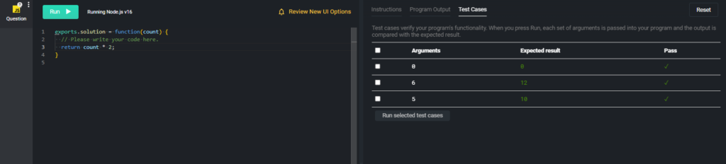 A pad with candidate code on the left and the test cases tab open on the right.
