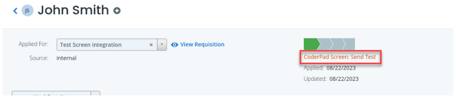 The candidate screen with the "coderpad screen: send test" status is highlighted.