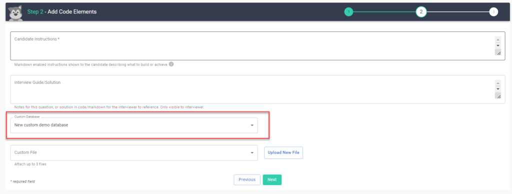 La page "ajouter des éléments de code" avec le menu déroulant "Bases de données personnalisées" en surbrillance. 