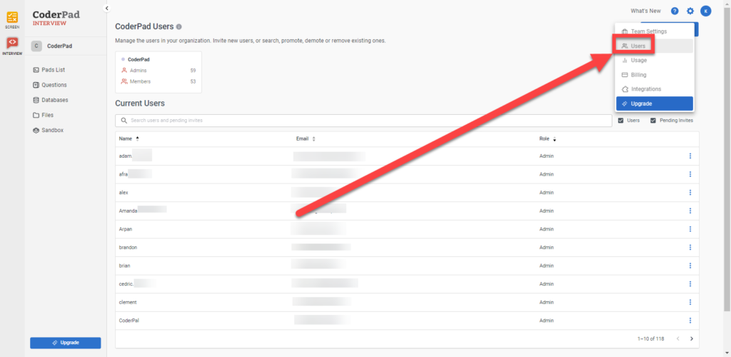 The settings menu dropdown is shown with the "users" option highlighted.