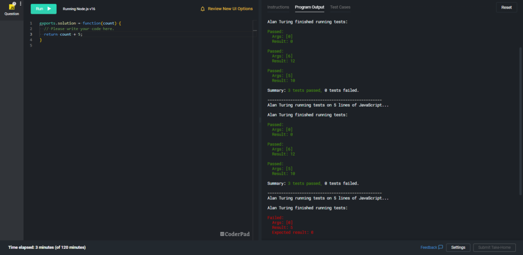 The output window is shown with both the output of the code as well as the results of the test cases.