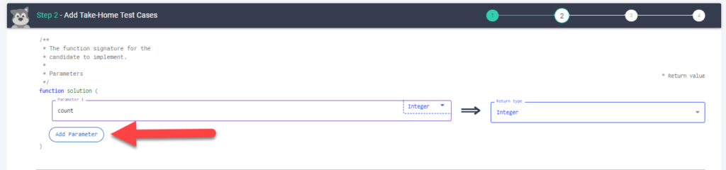 The "add take home test cases page" showing the input parameters and an arrow pointing to the "add parameter" button.