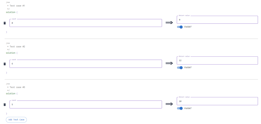 Test case solutions section with input parameter and required output for that parameter.