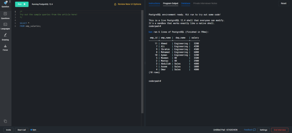 L'entrée SQL est à gauche et les résultats de la requête SQL sont à droite.
