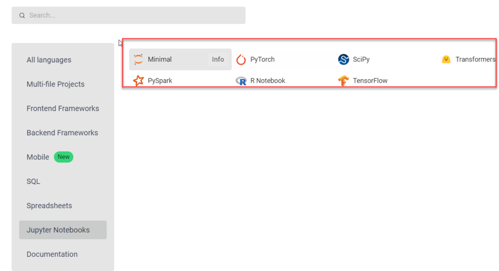 The question wizard with the language drop down open, and the notebooks section highlighted.
