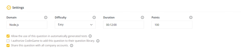 Settings section with domain selected as "language independent", difficulty as "easy", duration as 12 minutes, and points as 100.