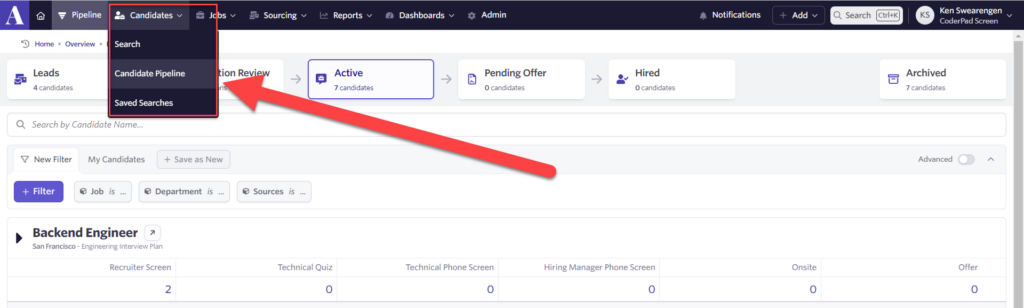 The image shows the Ashby Candidate pipeline page with a focus on the 'Candidates' section. A dropdown menu titled 'Candidates' is highlighted with a red outline and arrow pointing to it, showing options 'Search', 'Candidate Pipeline', and 'Saved Searches'. The main content area of the interface displays a candidate pipeline with categories across the top: 'Leads', 'Application Review', 'Active', 'Pending Offer', 'Hired', and 'Archived'. Each category has an accompanying number indicating the count of candidates; for example, 'Active' has 7 candidates. The layout includes a search bar to 'Search by Candidate Name...' and a blue '+ Filter' button for more advanced search options. A detailed section for a 'Backend Engineer' position is partially visible, with steps such as 'Recruiter Screen', 'Technical Quiz', 'Technical Phone Screen', and others, each followed by a number, indicating the number of candidates at each stage. 