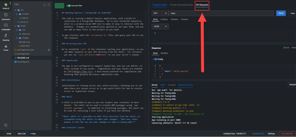 API request tab is highlighted in the top of the right pad window.
