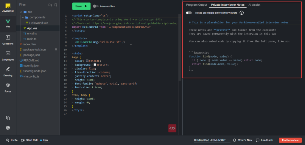 The right side of the screen is highlighted as is the "private interviewer notes" tab above it.
