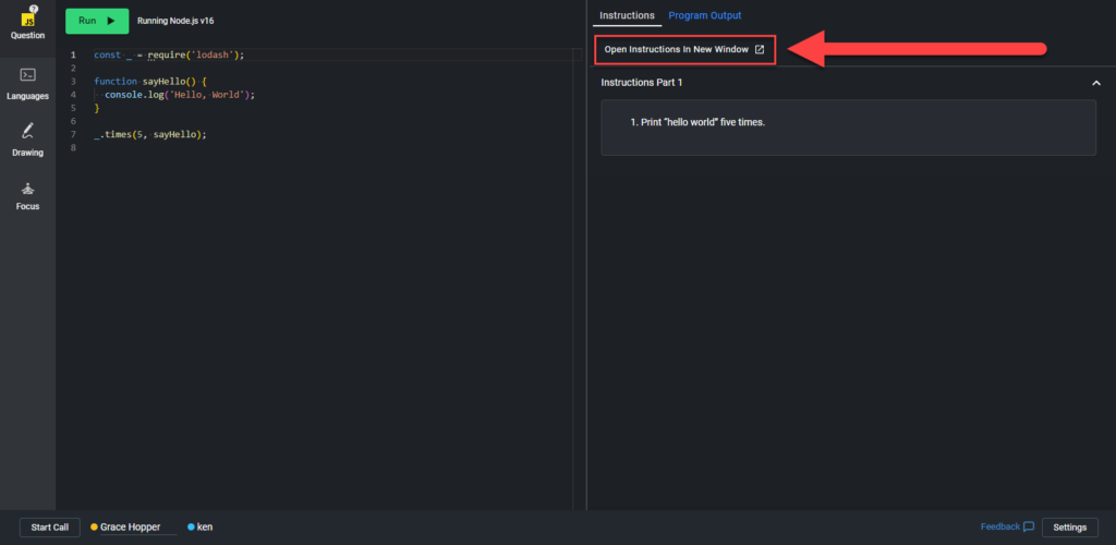 Arrow pointing to the "Open Instructions In New Window" button in the instructions tab