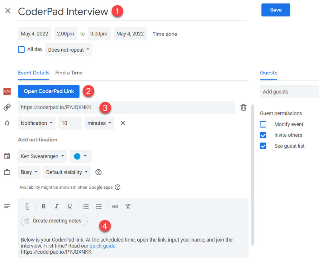 A google calendar invite page with 1- the invite title, 2 - the "open coderpad link" button, 3- the coderpad link url, and 4 - the meeting notes with the coderpad default invite text.