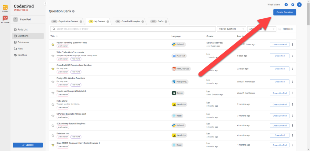 The question bank screen with the "create question" button at the top right of the screen.