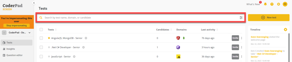 Tests list with the search bar highlighted at the top center of the screen.