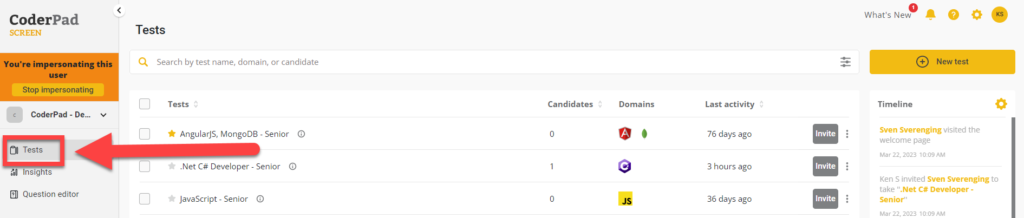 Arrow pointing towards the Tests tab in the left nav menu.