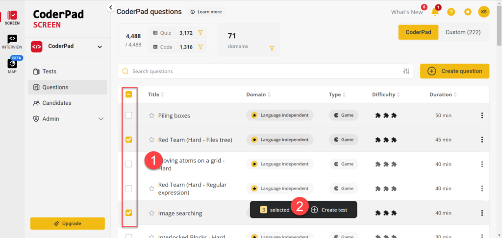 The image shows a screenshot from the CoderPad platform, specifically in the "Questions" section. Here’s a description of the key elements:
1. **Checkboxes (Highlighted in Red Box)**: There are checkboxes on the left side of each question title. Some of these are checked, indicating that the questions have been selected.
2. **Selection Indicator**: Below the list of questions, there is a black bar with a label "3 selected" followed by a "+" button labeled "Create test," indicating that three questions have been selected for creating a test.
3. **Question List**: The screenshot shows a list of questions with various details:
- **Title**: Names of the questions (e.g., "Piling boxes," "Red Team (Hard - Files tree)").
- **Domain**: "Language independent" is indicated, meaning these questions don't depend on a specific programming language.
- **Type**: Most of the questions are marked as "Game."
- **Difficulty**: Displayed using puzzle icons, where more puzzle pieces suggest a higher difficulty.
- **Duration**: Time allocated for each question is shown (e.g., 50 min, 45 min).
4. **Top Navigation Bar**: Contains elements like notifications, settings, and user profile initials ("KS").
5. **Create Question Button**: A yellow button labeled "Create question" is on the right side, which likely allows the user to add a new question to the platform.
6. **Filter and Search Options**: There's a search bar and filter icon above the list of questions for refining the search results.
The interface is clean and seems to be designed for managing and organizing coding or programming questions for assessments or interviews.