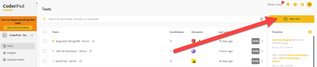 Arrow pointing towards the "New test" button in the top right side of the screen.