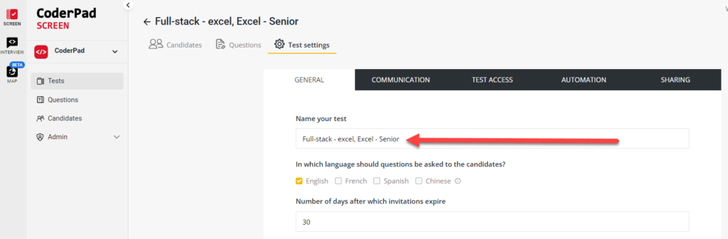 The test settings page is shown and the "name your test" field is highlighted.