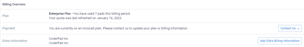 Billing overview section with plan, payment, and extra information section displayed.