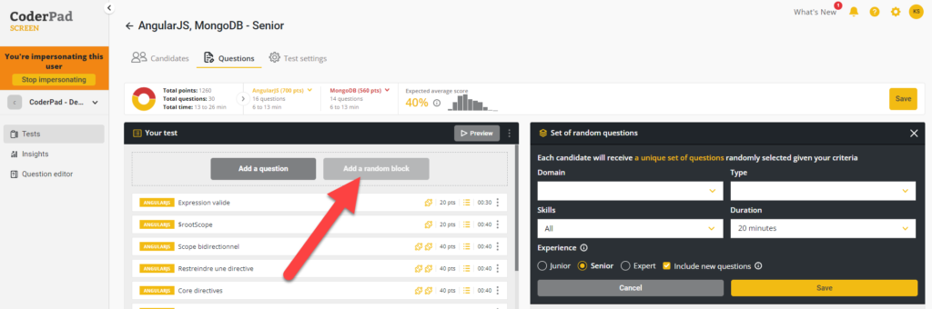 Customize test page with an arrow pointed towards the "Add a random block" button in the "Your test" modal.