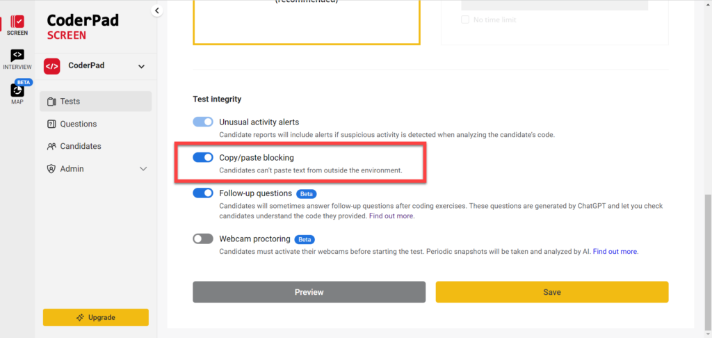 Copy/paste blocking (Highlighted in Red Box): This setting is toggled on (blue switch), indicating that the feature is active. It prevents candidates from pasting text from outside the environment into the coding environment, enhancing test security.