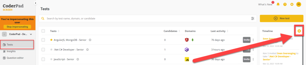 Tests selection is highlighted in the left nav menu. A red arrow is pointing towards the setting button at the top right corner of the screen.