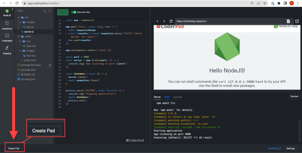 A pad opened in the sandbox. An arrow points to the "Create pad" button in the bottom left corner of the pad.