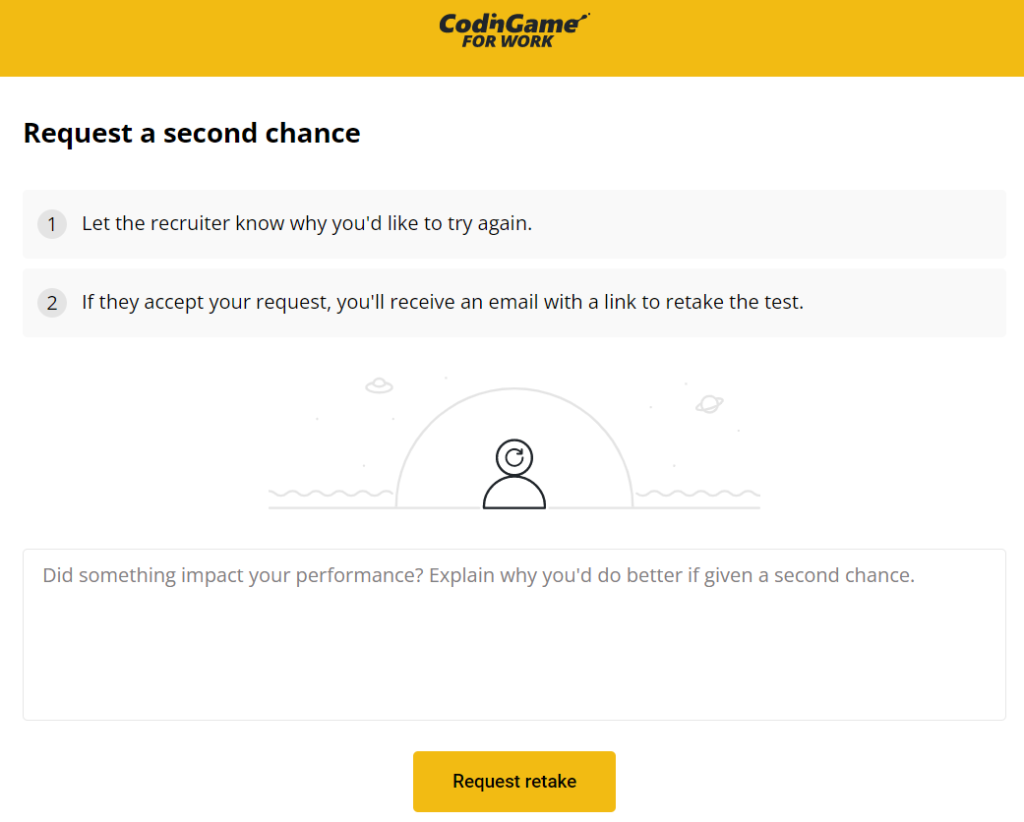 Request retest screen. There is a field for the candidate to explain why they'd like to retake the test. At the bottom they submit the form by clicking on a "request retake" button.