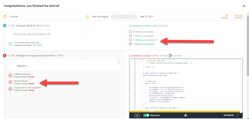 The tutorial end screen with a review of the answers.
