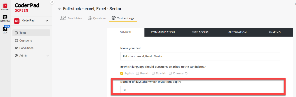 The image shows a screenshot from the CoderPad platform, specifically within the "Test settings" section for a test titled **"Full-stack - excel, Excel - Senior"**. Here’s the alt text for this image:

"CoderPad SCREEN interface showing the Test settings for a test named 'Full-stack - excel, Excel - Senior'. The 'Number of days after which invitations expire' field is highlighted and set to '30'. The test is configured to ask questions in English, with options for French, Spanish, and Chinese available but not selected. The left sidebar includes navigation options for Tests, Questions, Candidates, and Admin."