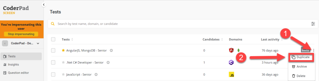 The tests dashboard is displayed with the number 1 pointing towards a highlighted vertical ellipses next to a test and a number 2 pointing to the "duplicate" menu item in a dropdown list.