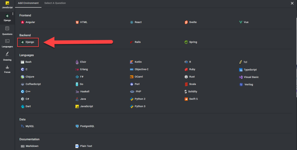 Pad questions menu is displayed with the "django" option highlighted.