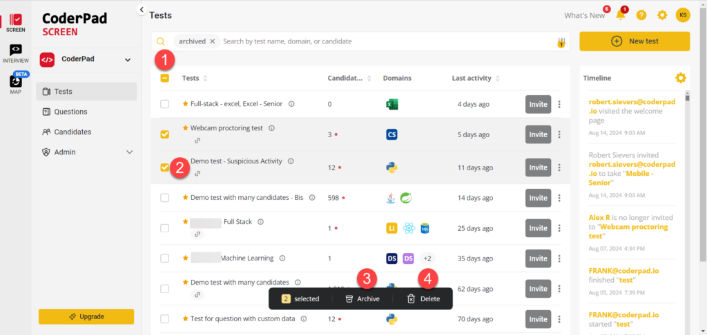 A tests list is shown, a number 1 is next to the "select all tests" checkbox, a 2 is next to an individual test checkbox at the left of the row, a 3 is next to the archive button and a number 4 is next to the delete button to the right of the archive button.