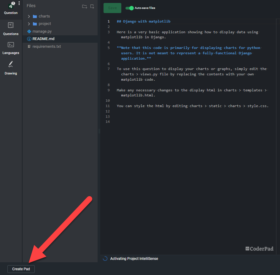 A django pad with an arrow pointing to the "create pad" button in the bottom left corner of the pad.