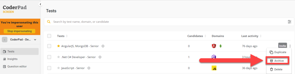 The tests dashboard is displayed with a highlighted ellipses next to a test and a drop down menu open with an arrow pointing towards the "Archive" menu item.