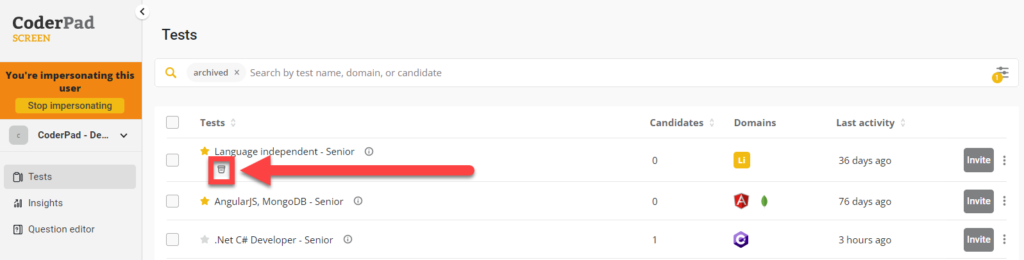 A list of tests. One of them has the archive box icon under the test name.