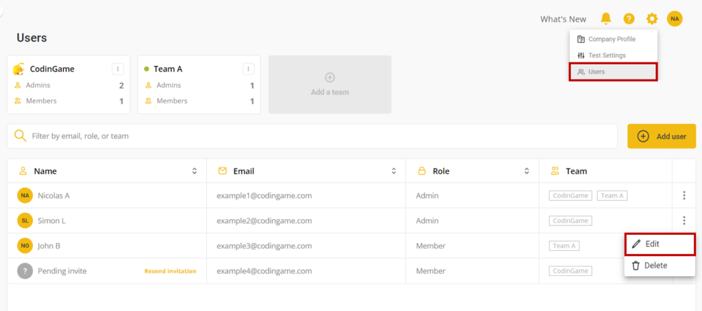 The users page is shown with the "users" menu item selected in the settings dropdown and the "Edit" button highlighted on the right of the screen on a user.