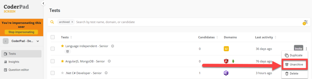The tests dashboard is displayed with a highlighted ellipses next to a test and a drop down menu open with an arrow pointing towards the "Unarchive" menu item.