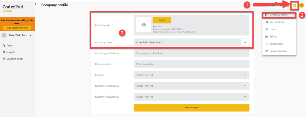 At the top right the settings dropdown is shown and the company profile option is highlighted. To the left the "Company logo" and "Company name" fields are highlighted under the "edit your company details for english speakers" section.