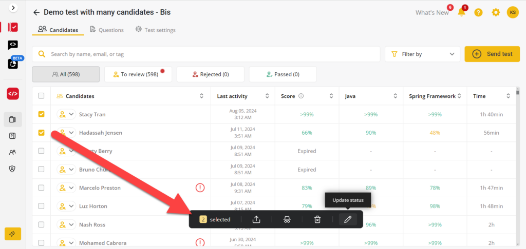 The image shows the "Candidates" section within the "Demo test with many candidates - Bis" test on the CoderPad platform. Here’s the alt text for this image:

"CoderPad interface displaying the 'Candidates' section for a test titled 'Demo test with many candidates - Bis.' The table lists candidates along with details such as their last activity, score, Java proficiency, Spring Framework proficiency, and the time taken. Two candidates, Stacy Tran and Hadassah Jensen, are selected as indicated by checked boxes next to their names. A black action bar at the bottom shows '2 selected' with options for updating status, exporting data, or other actions. Filters and a search bar are available at the top of the candidate list, and a yellow 'Send test' button is visible on the right."