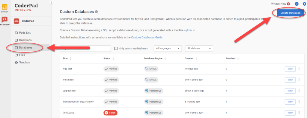 Page de base de données personnalisée. L'élément "Bases de données" est sélectionné dans le menu de gauche, et le bouton "Créer une base de données" est mis en évidence en haut à droite de l'écran.
