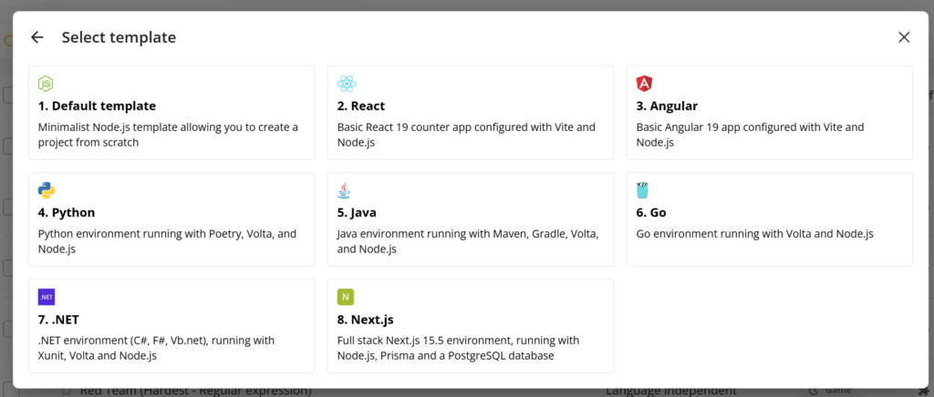Capture d'écran de l'écran "Sélectionner un modèle" dans CoderPad. Huit options de modèles sont affichées dans une grille:Modèle par défaut - Modèle Node.js minimaliste.React - Contre-application React 19 de base avec Vite et Node.js.Angular - Application Angular 19 de base avec Vite et Node.js.Python - Environnement avec Poetry, Volta et Node.js.Java - Environnement avec Maven, Gradle, Volta et Node.js.Go - Environnement avec Volta et Node.js.js.Java - Environnement avec Maven, Gradle, Volta, et Node.js.Go - Environnement avec Volta et Node.js.NET - Environnement (C#, F#, Vb.net) avec Xunit, Volta, et Node.js.Next.js - Full stack Next.js 15.5 avec Node.js, Prisma, et PostgreSQL.