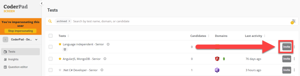 In the left nav the Tests option is highlighted. In the center of the screen  a list of tests is shown below with an arrow pointing towards the invite button.