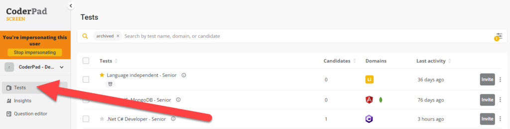 The main screen dashboard is shown and the tests item is highlighted in the left nave screen.
