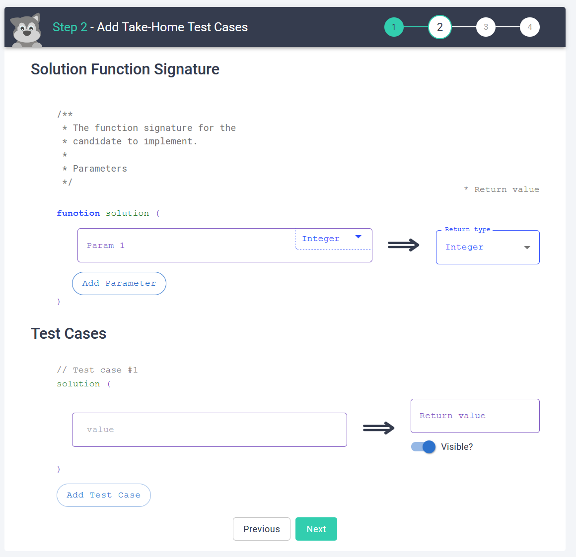 The "add take-home test cases" page with the solution function signature and test cases displayed.