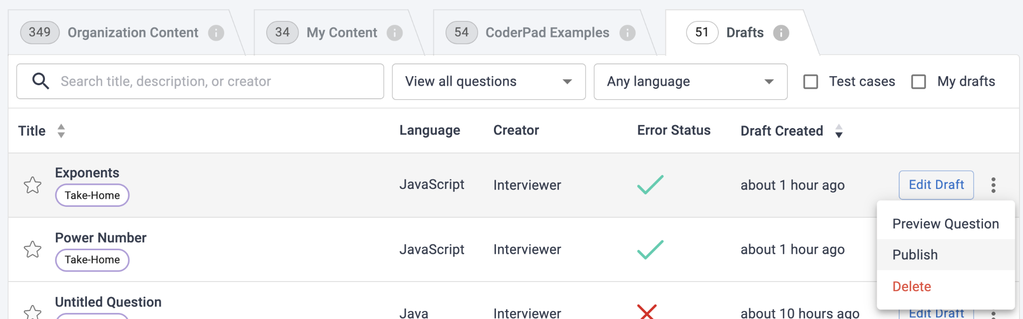 A draft tab of the question bank shows a list of questions in draft. On of the questions has the row dropdown selected with the "preview question", "publish", and "delete" options displayed.