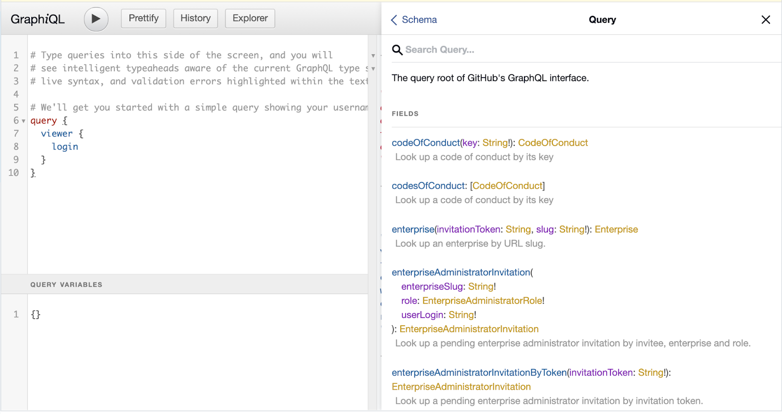 GraphiQL showing the schema documentation